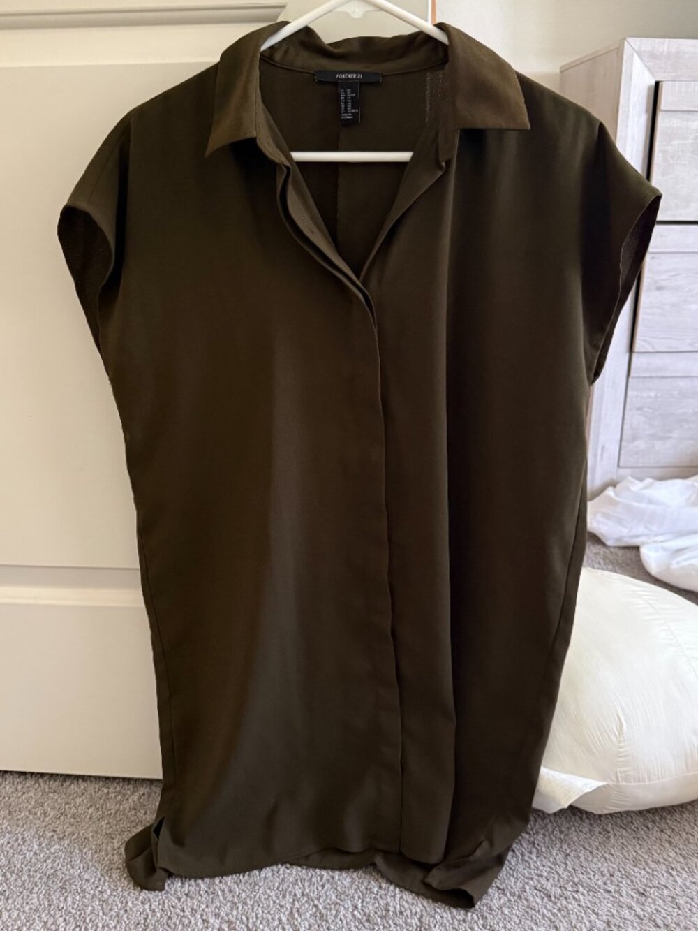 Forever 21 Olive Green Sleeveless Collared Shirt Dress Women's Casual